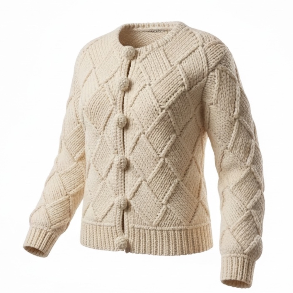MONETA Vintage 90s Wool 3D Chunky Thick Cable Hand Knit Women's Small Cardigan